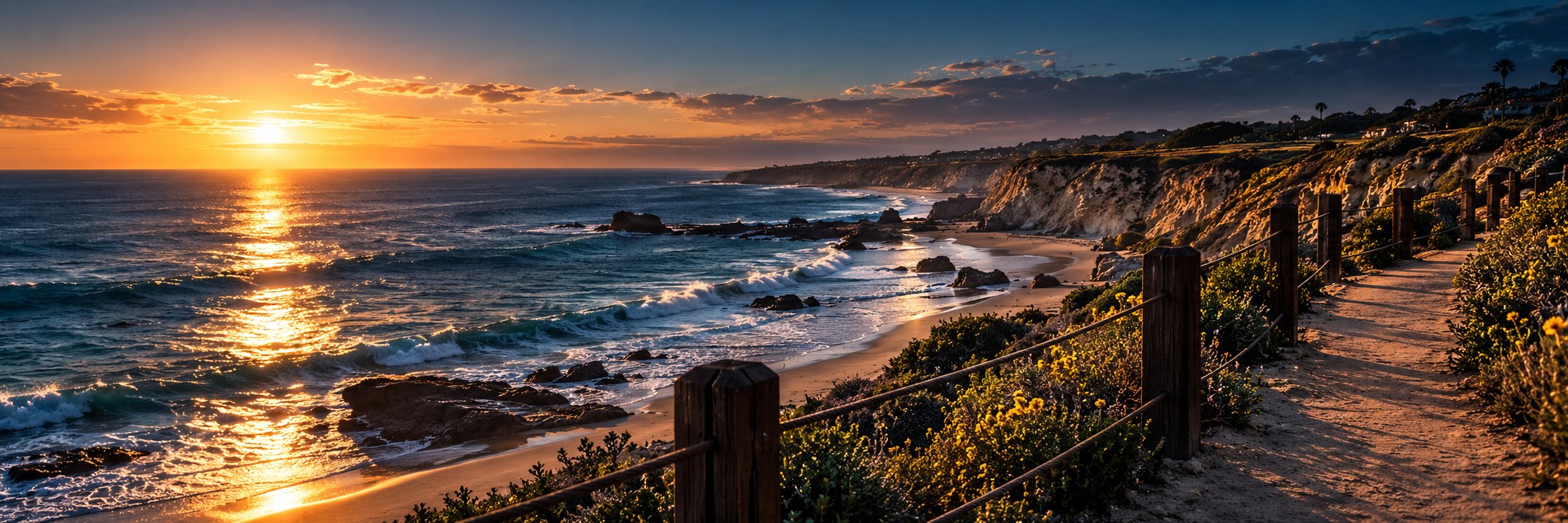 Coastal path with a wooden rail beside a sunset beach and ocean waves