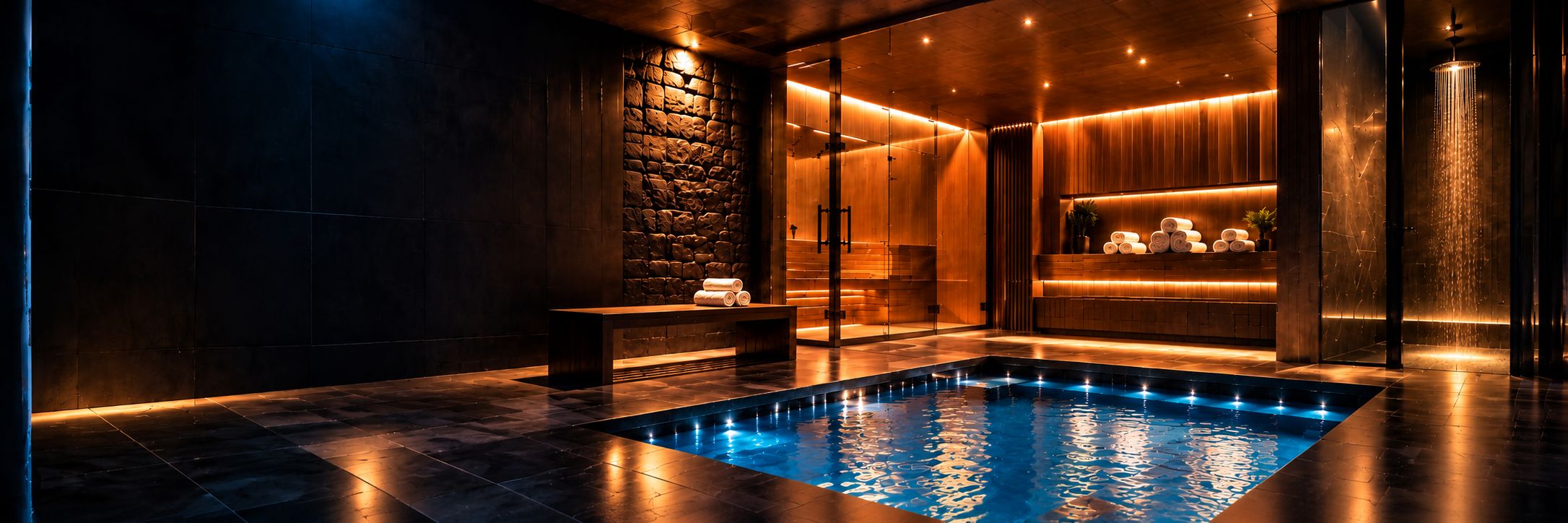 Spa interior with a lit blue plunge pool, sauna and rain shower
