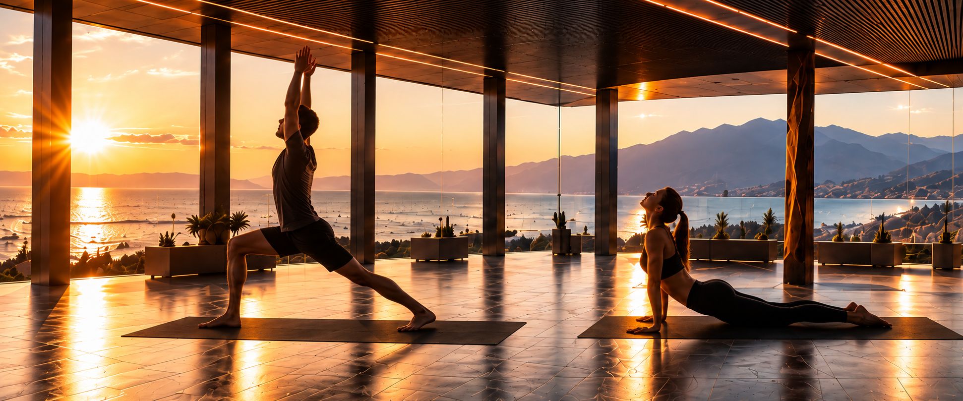 Two people practicing yoga in an open studio at sunset above the coast