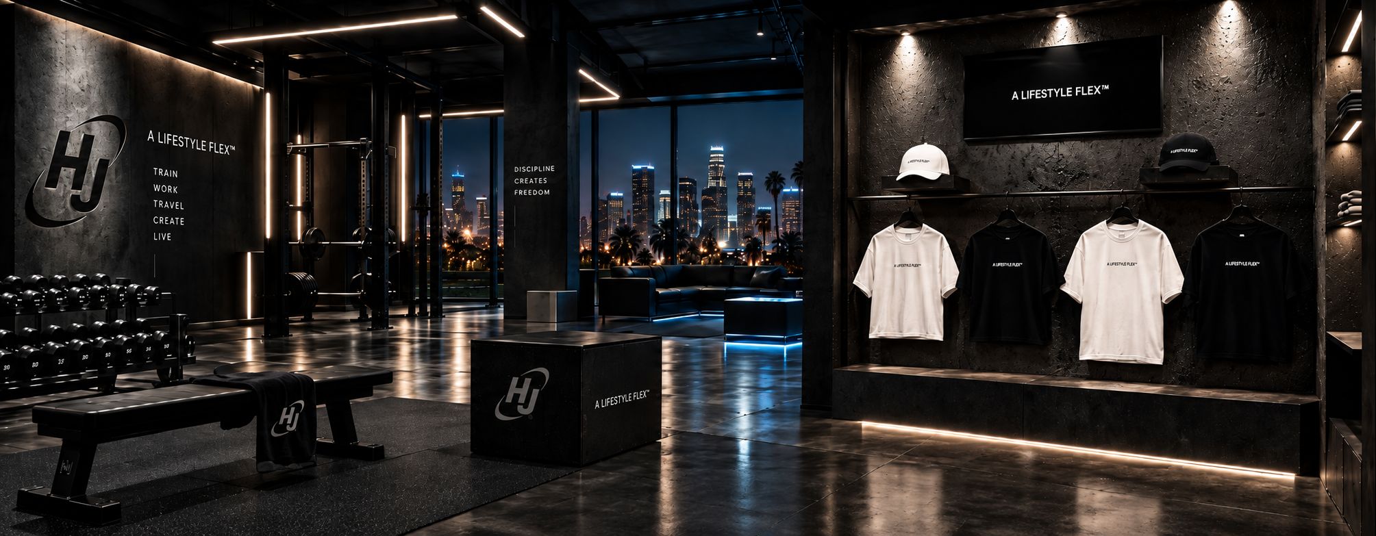 Gym and A Lifestyle Flex merch wall with caps and tees, city skyline at night